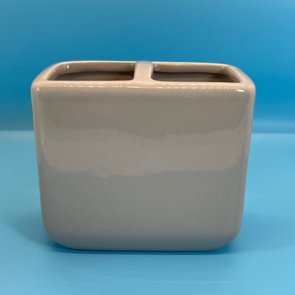VTG Taupe Rectangle Toothbrush Holder Bathroom Ceramic 4" H x 4.5" W x 2.5" D